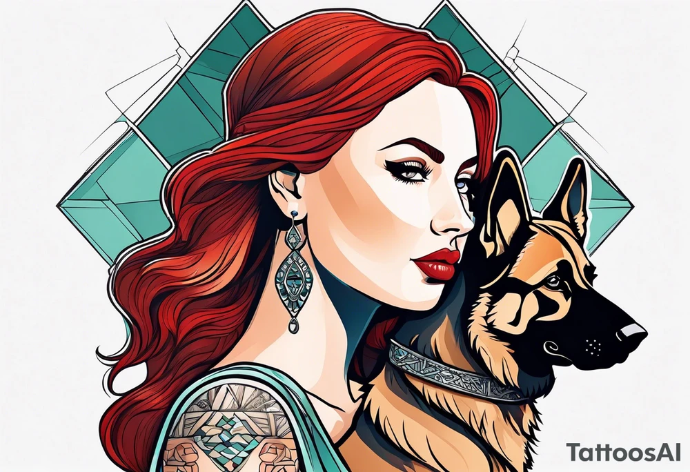 red hair woman with German shepherd dog tattoo idea