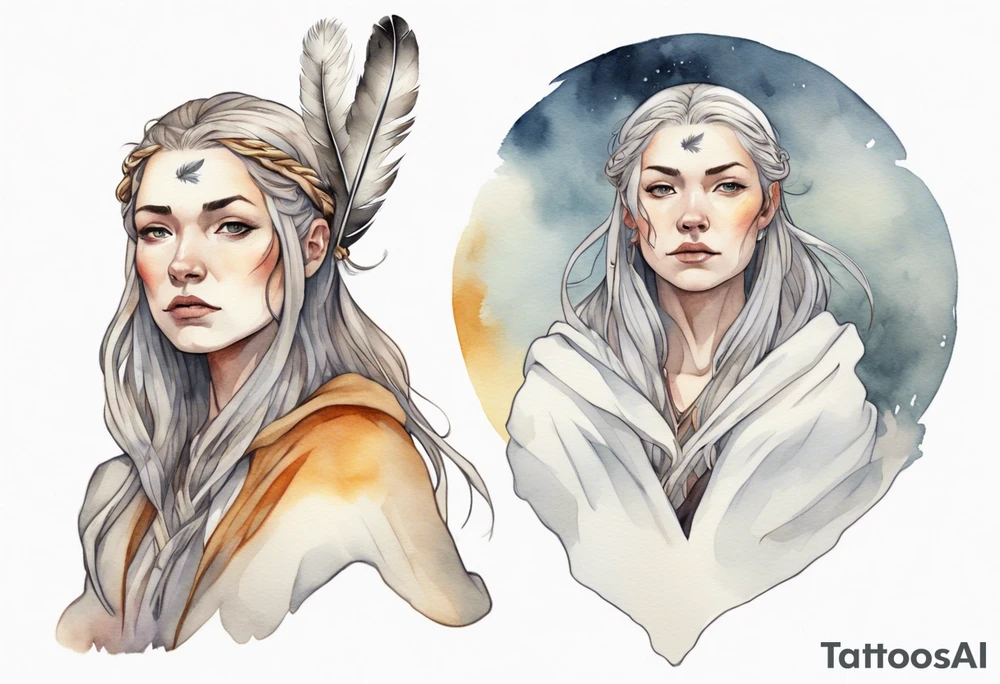 a solitary Norse woman with a white cloak and a single feather in her hair tattoo idea