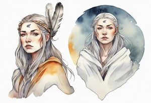 a solitary Norse woman with a white cloak and a single feather in her hair tattoo idea