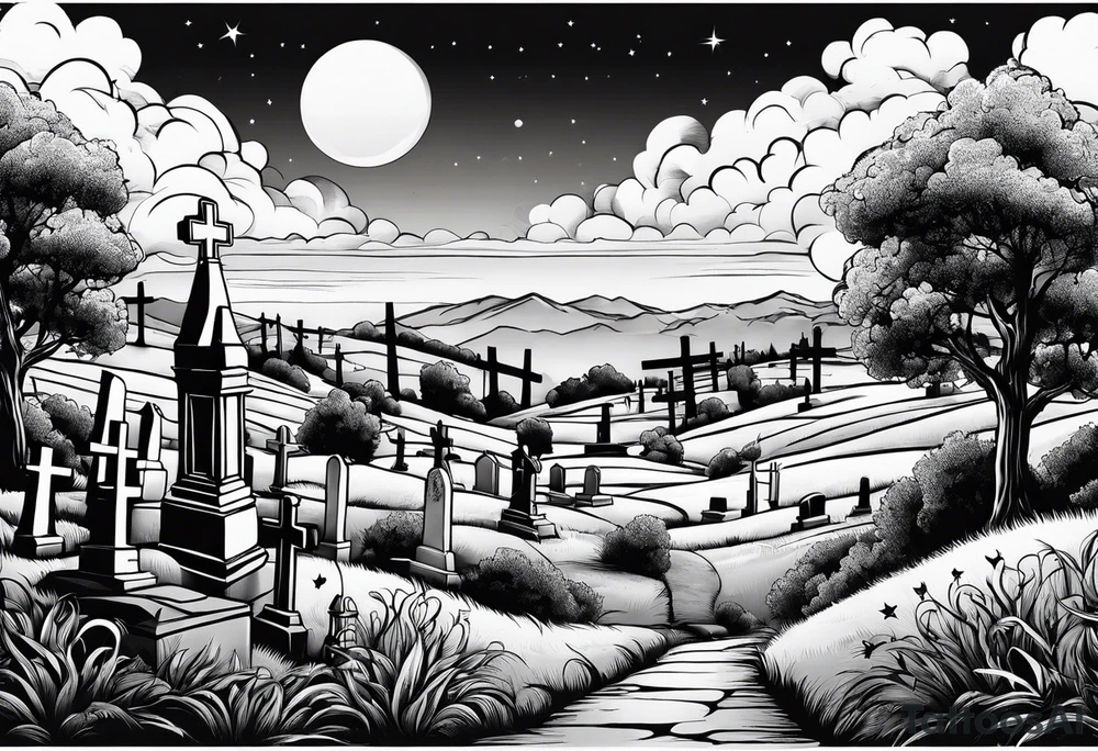 Cemetery on hills with clouds and moon tattoo idea