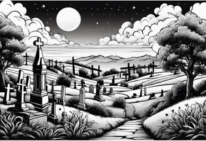 Cemetery on hills with clouds and moon tattoo idea
