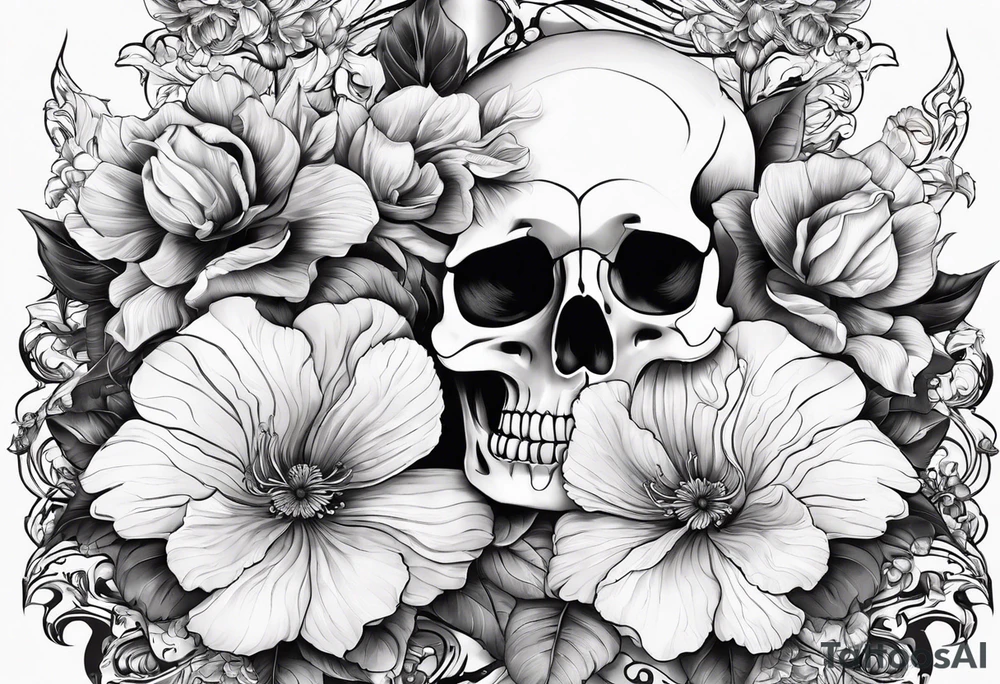 ta skeleton couple with bibiscus flowers. western style tattoo idea