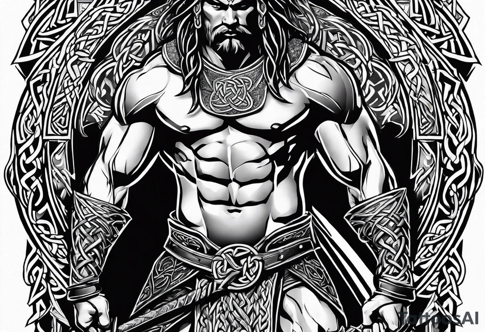 Sideways facing full body shot of a Celtic warrior with weapons unsheathed tattoo idea