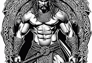 Sideways facing full body shot of a Celtic warrior with weapons unsheathed tattoo idea