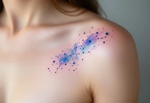 Watercolor-style Capricorn stars constellation in soft blues and purples, fading like a cosmic dream across the shoulder. tattoo idea