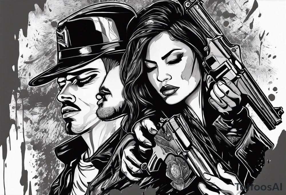 In the reflection of a eye crying blood two black siloets of people holding guns one man dead on the ground with a wounded woman standing behind him tattoo idea