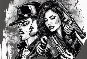 In the reflection of a eye crying blood two black siloets of people holding guns one man dead on the ground with a wounded woman standing behind him tattoo idea