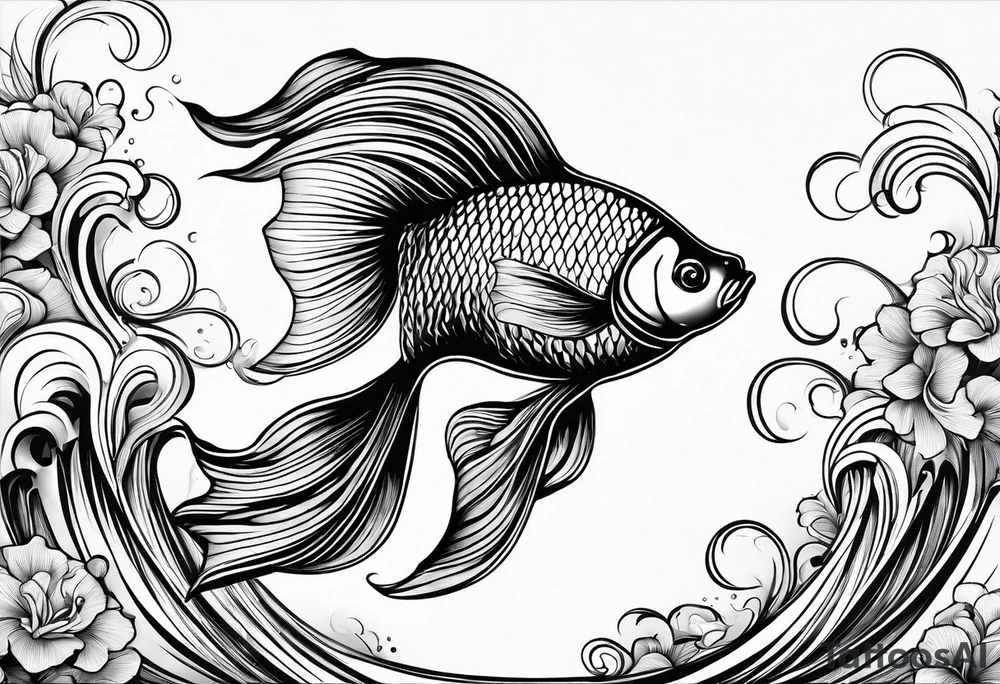 “Create a delicate tattoo of a goldfish swimming in a wave, emphasizing its flowing fins and graceful movement. tattoo idea “Create a delicate tattoo of a goldfish swimming in a wave, emphasizing its flowing fins and graceful movement. tattoo idea