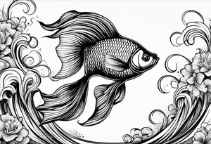 “Create a delicate tattoo of a goldfish swimming in a wave, emphasizing its flowing fins and graceful movement. tattoo idea