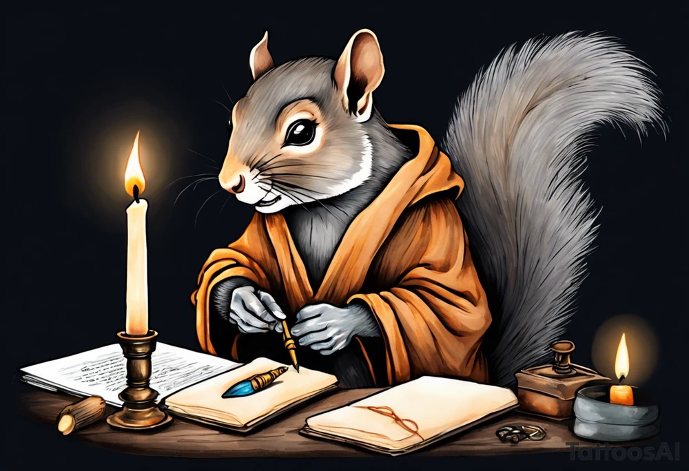 an elderly grey squirrel dressed in a monk robe wearing an eye patch sitting at a desk in the dark holding a quill writing by candlelight tattoo idea