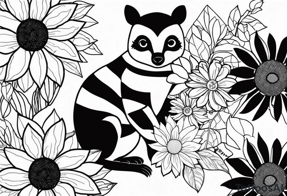 A lemur, a sunflower, and a bumble bee tattoo idea