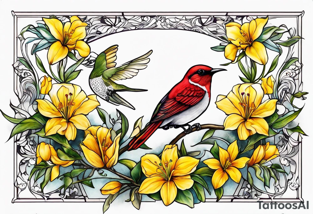 Libra hummingbird yellow finch cardinal flower garden dark sad beautiful mother tattoo idea