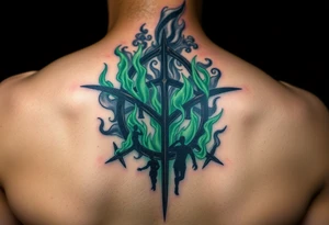 A Dark Mark engulfed in eerie green flames, with shadowy figures whispering from the smoke tattoo idea