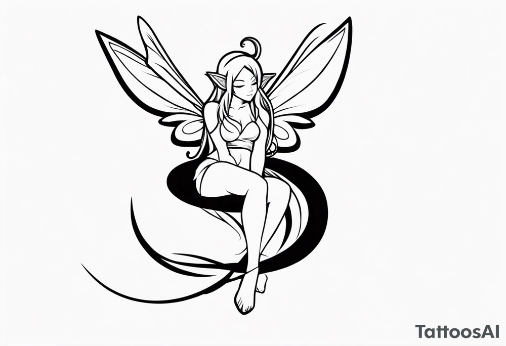A fairy with a tail inspired by the logo of the show called Fairy Tail in a fetal position leaning in tattoo idea