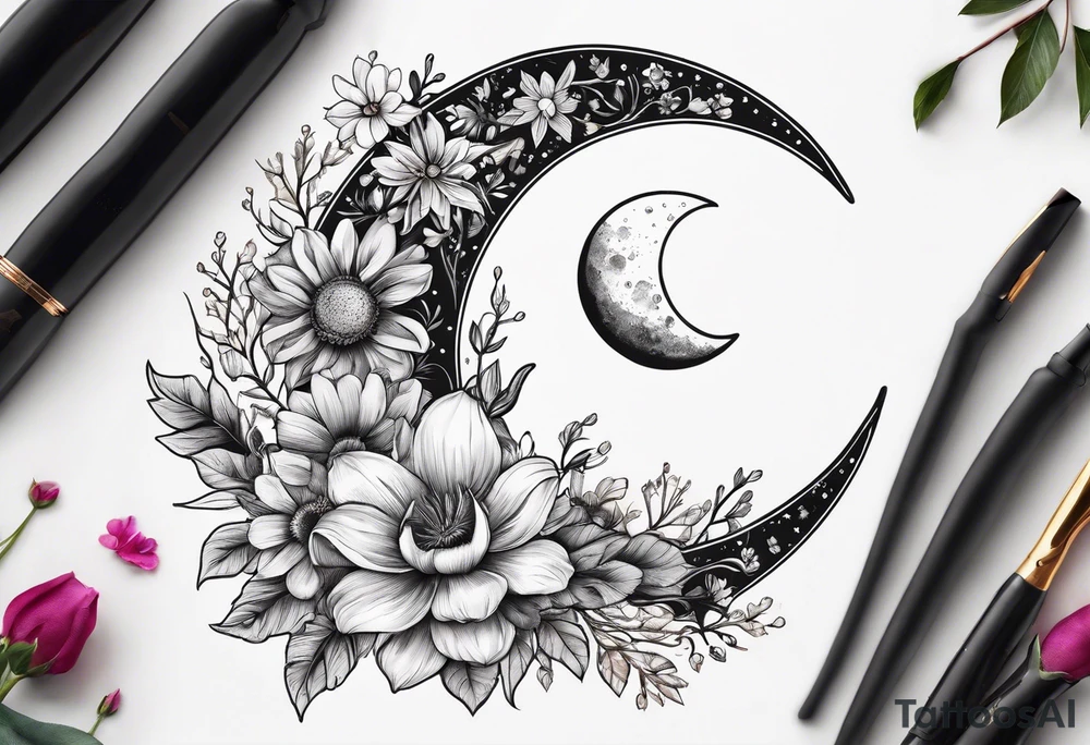 Waxing crescent moon made out of flowers tattoo idea