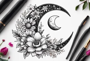 Waxing crescent moon made out of flowers tattoo idea