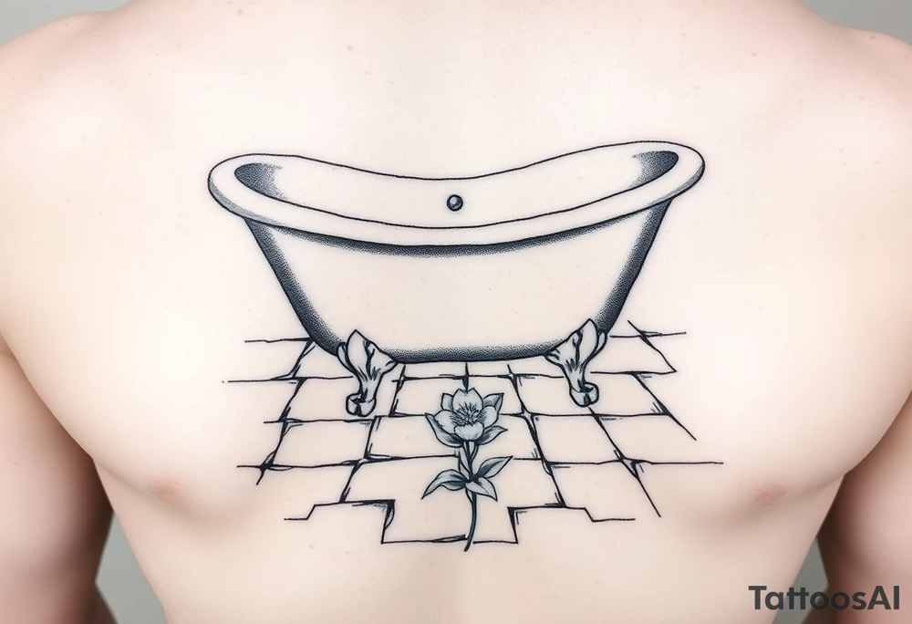 clawfoot bathtub on a tile floor and a flower growing through the cracks in the floor tattoo idea