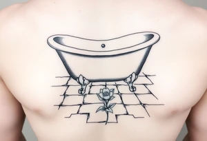 clawfoot bathtub on a tile floor and a flower growing through the cracks in the floor tattoo idea