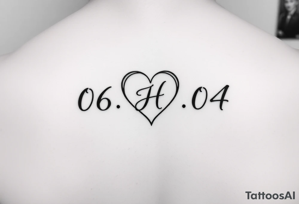 06-09-04 written and under it is a heart inside the heart is a letter H in cursive on the lower back waist tattoo idea