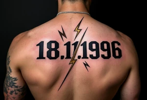 Bold block 18.11.1996 in jet black with bronze lightning bolts crossing behind the numbers. tattoo idea