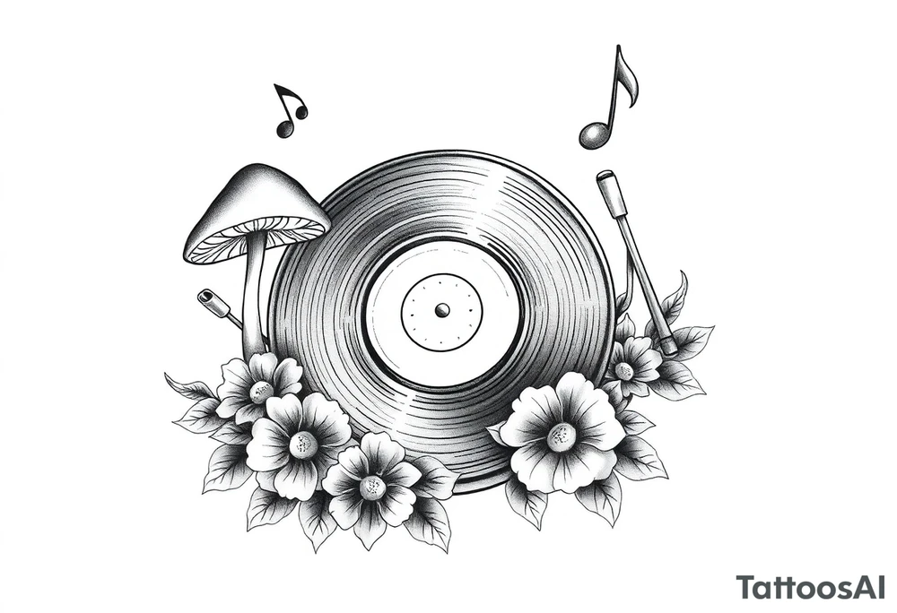 simple vinyl record player with mushrooms, flowers, and music notes around it tattoo idea