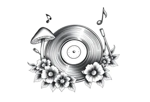 simple vinyl record player with mushrooms, flowers, and music notes around it tattoo idea