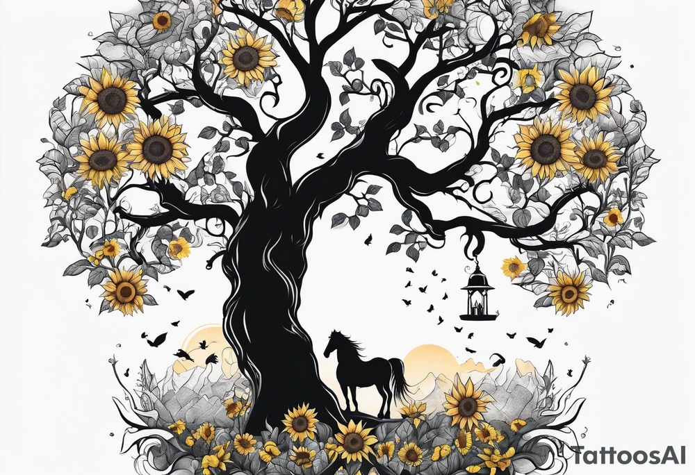 Yggdrasil tree, horse in front of it, and sunflowers tattoo idea