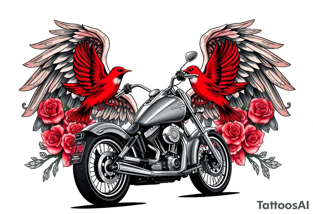 Harley grey motorcycle driving away, two red birds flying, roses, flames, angel wings tattoo idea