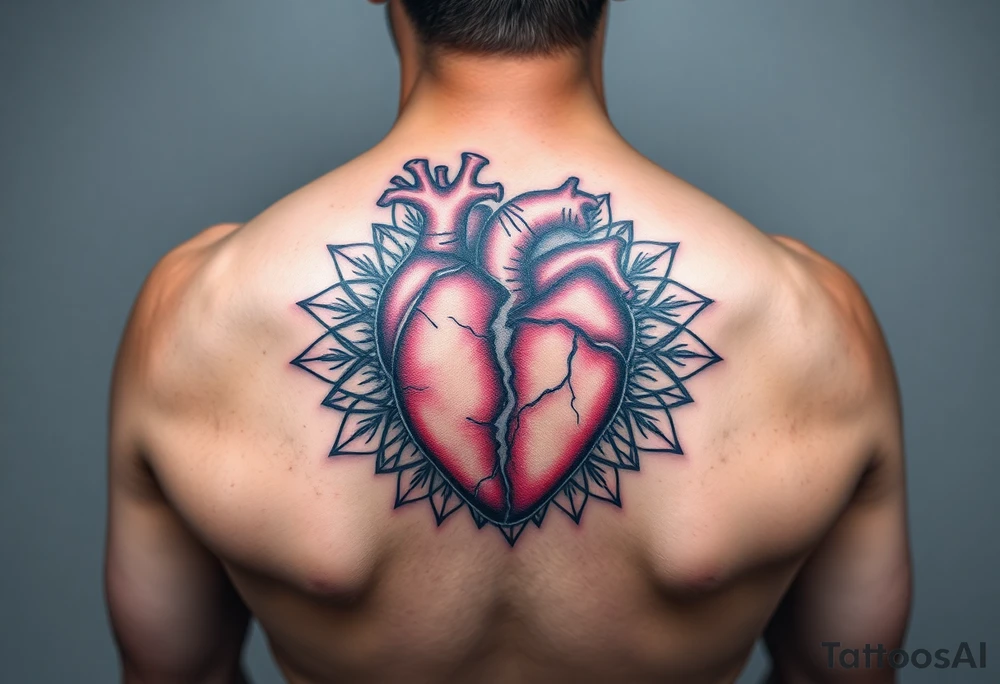 A heart that's half broken holding on by a thread and cracked with mandala art around it tattoo idea