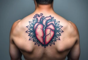 A heart that's half broken holding on by a thread and cracked with mandala art around it tattoo idea
