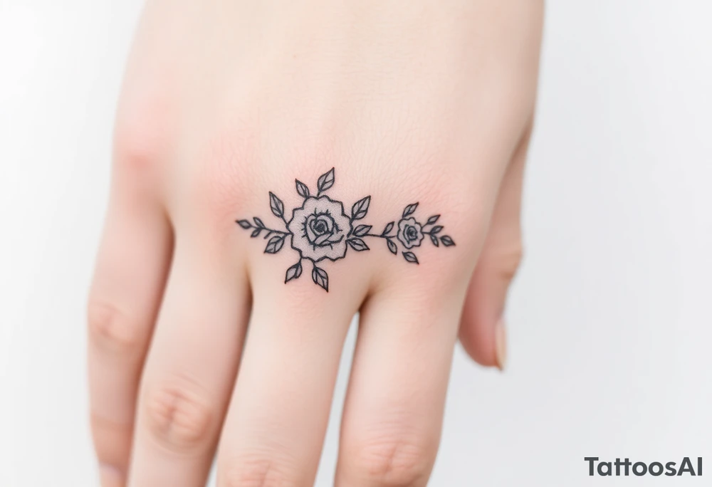 A delicate floral pattern around the entire circumference of the finger, inspired by wedding flowers, such as roses, peonies or lavender. tattoo idea