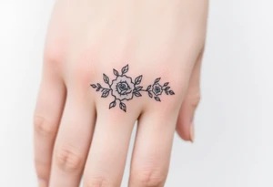 A delicate floral pattern around the entire circumference of the finger, inspired by wedding flowers, such as roses, peonies or lavender. tattoo idea