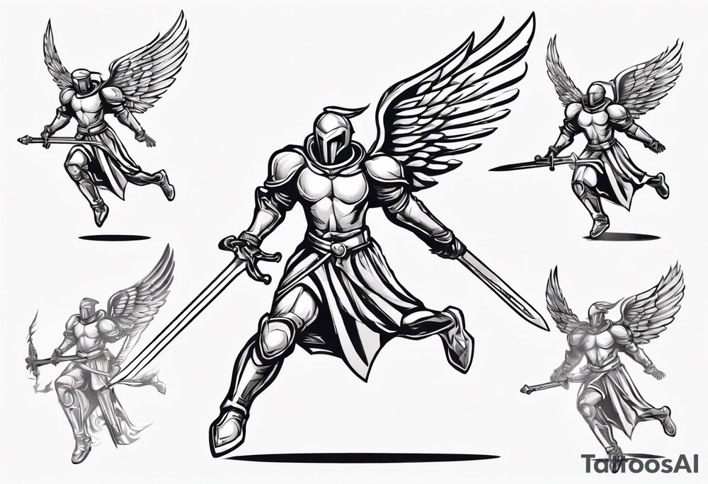 An angel Knight in mid-air with his sword about to attack in isometric view tattoo idea