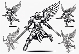 An angel Knight in mid-air with his sword about to attack in isometric view tattoo idea