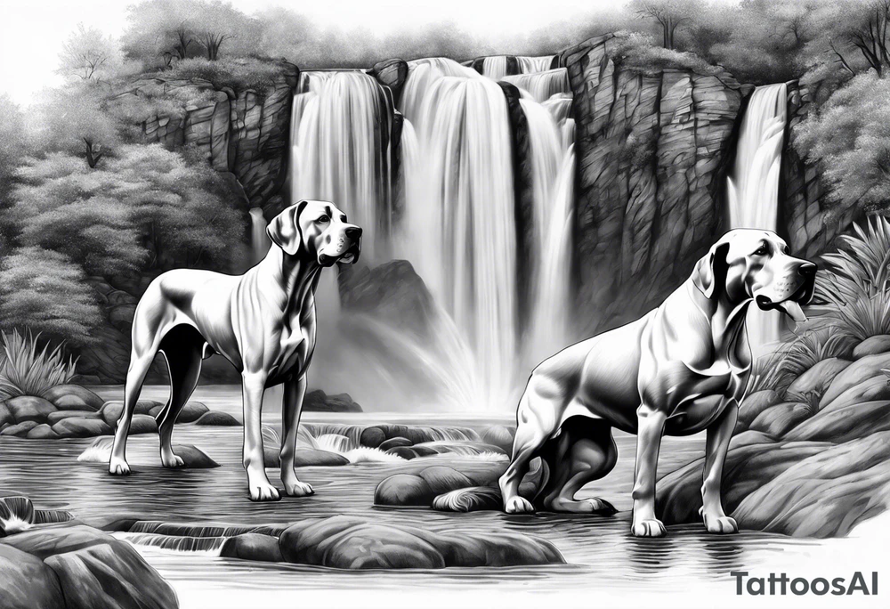 Arm sleeve-  with four Great Danes in front of waterfall tattoo idea