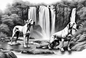 Arm sleeve-  with four Great Danes in front of waterfall tattoo idea
