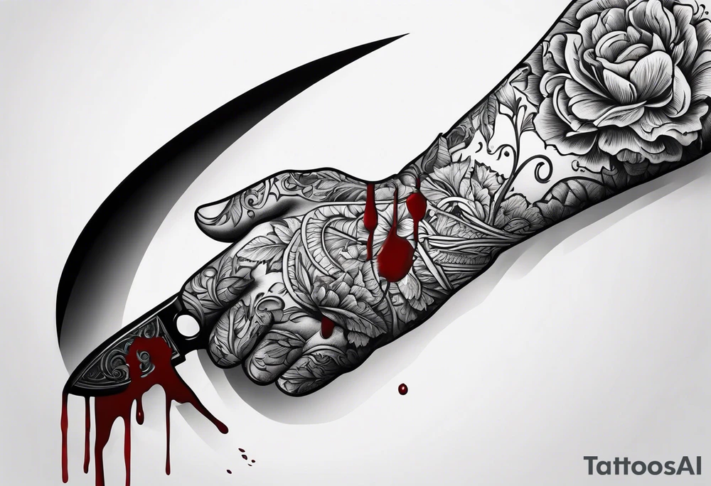 Hand stabbed by a curved knife with blood tattoo idea