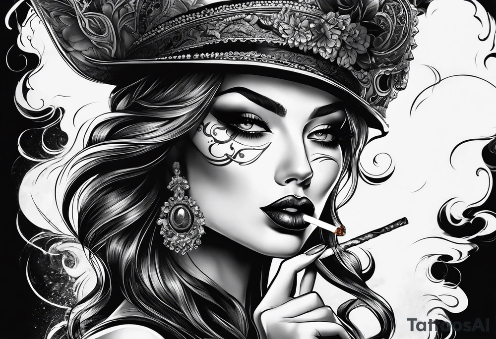 Woman smoking and ad the end of the smoke apears a eye with a tear tattoo idea