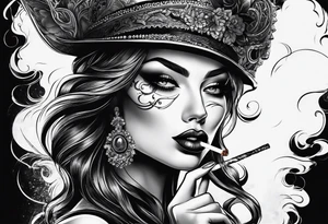 Woman smoking and ad the end of the smoke apears a eye with a tear tattoo idea