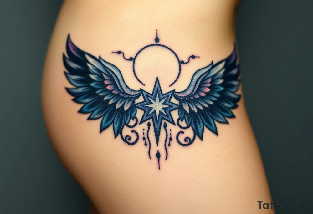 A celestial angel with dark wings and a radiant star in the center of its chest, surrounded by clouds of dark blue and deep purple. tattoo idea