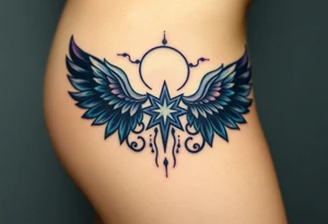 A celestial angel with dark wings and a radiant star in the center of its chest, surrounded by clouds of dark blue and deep purple. tattoo idea