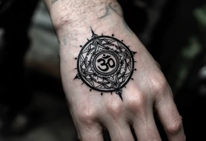 Dharmachakra 8 spoke wheel with an ohm symbol in the middle tattoo idea