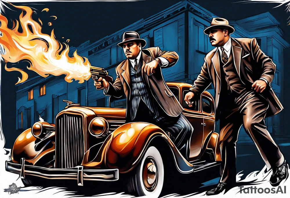 capone style gangsters having a shootout against a dark background scene with flames blues tattoo idea