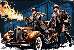 capone style gangsters having a shootout against a dark background scene with flames blues tattoo idea