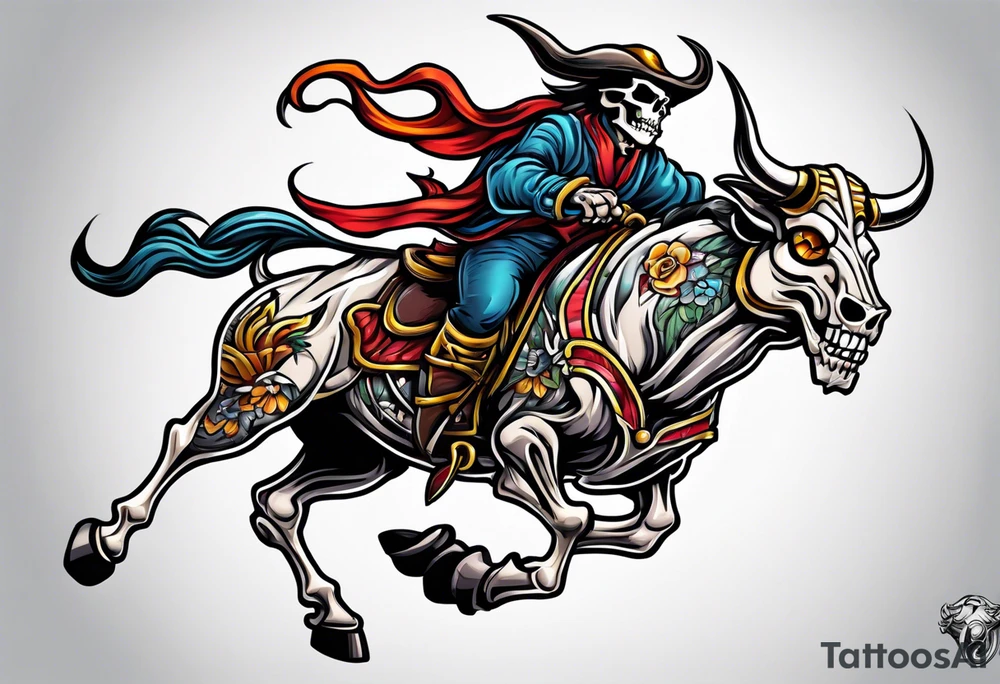 Skeleton riding bull tattoo idea
