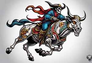 Skeleton riding bull tattoo idea