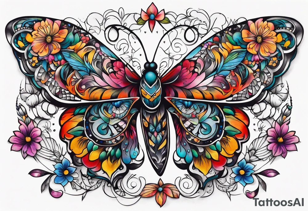 ornaments of flowers and moth with crystals 
chest piece tattoo idea