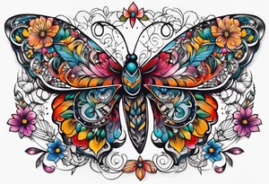 ornaments of flowers and moth with crystals 
chest piece tattoo idea