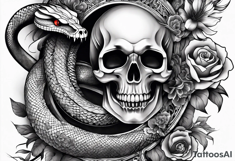 sleeve tattoo with a snake, gun, skull and Japanese designs, NO FLOWERS tattoo idea