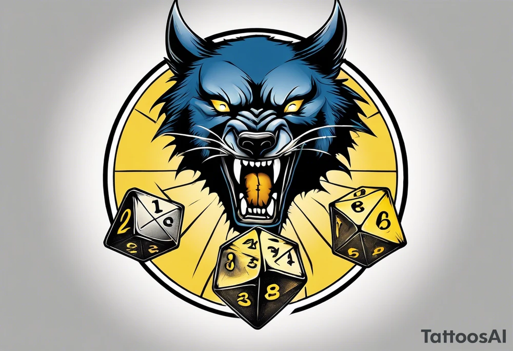A large 20 sided Dice in the center and the front with numbers on the dice and wolverine claw marks framing the area underneath the dice and a werewolf howling at the moon in the background, and blue and yellow faded background color tattoo idea